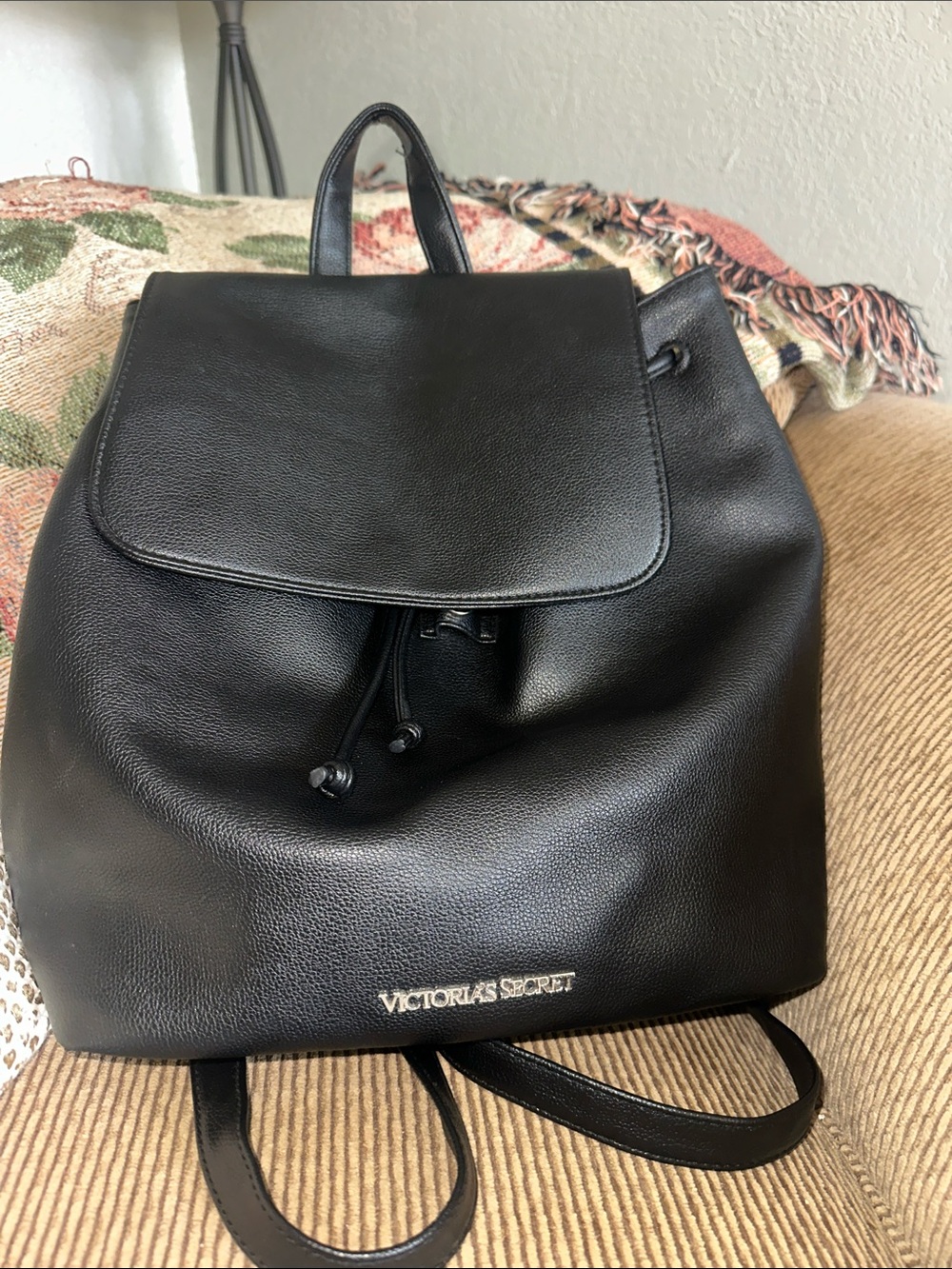 Victoria's Secret Black Faux Leather Drawstring Backpack